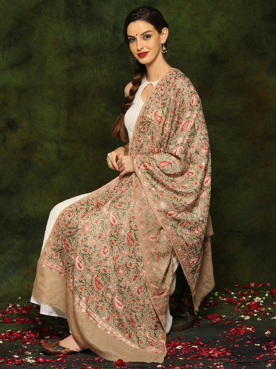 

Exotic India Floral Aari Embroidered Pure Woollen Shawl, Brown