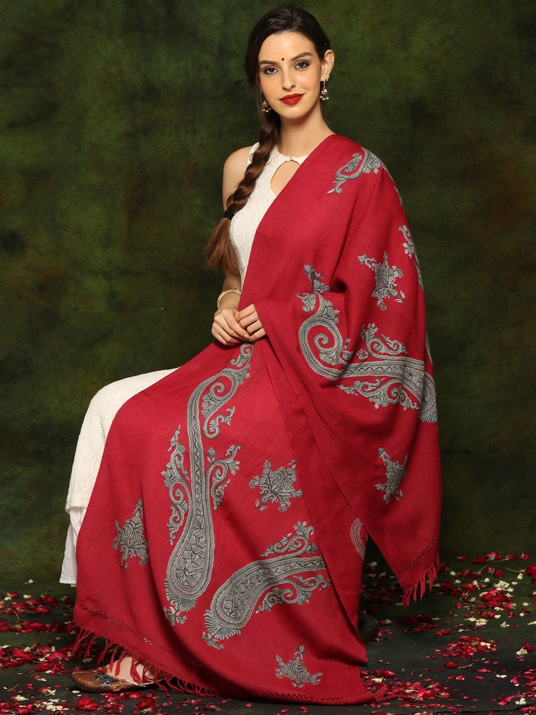 

Exotic India Paisley Embroidered Woollen Shawl, Red