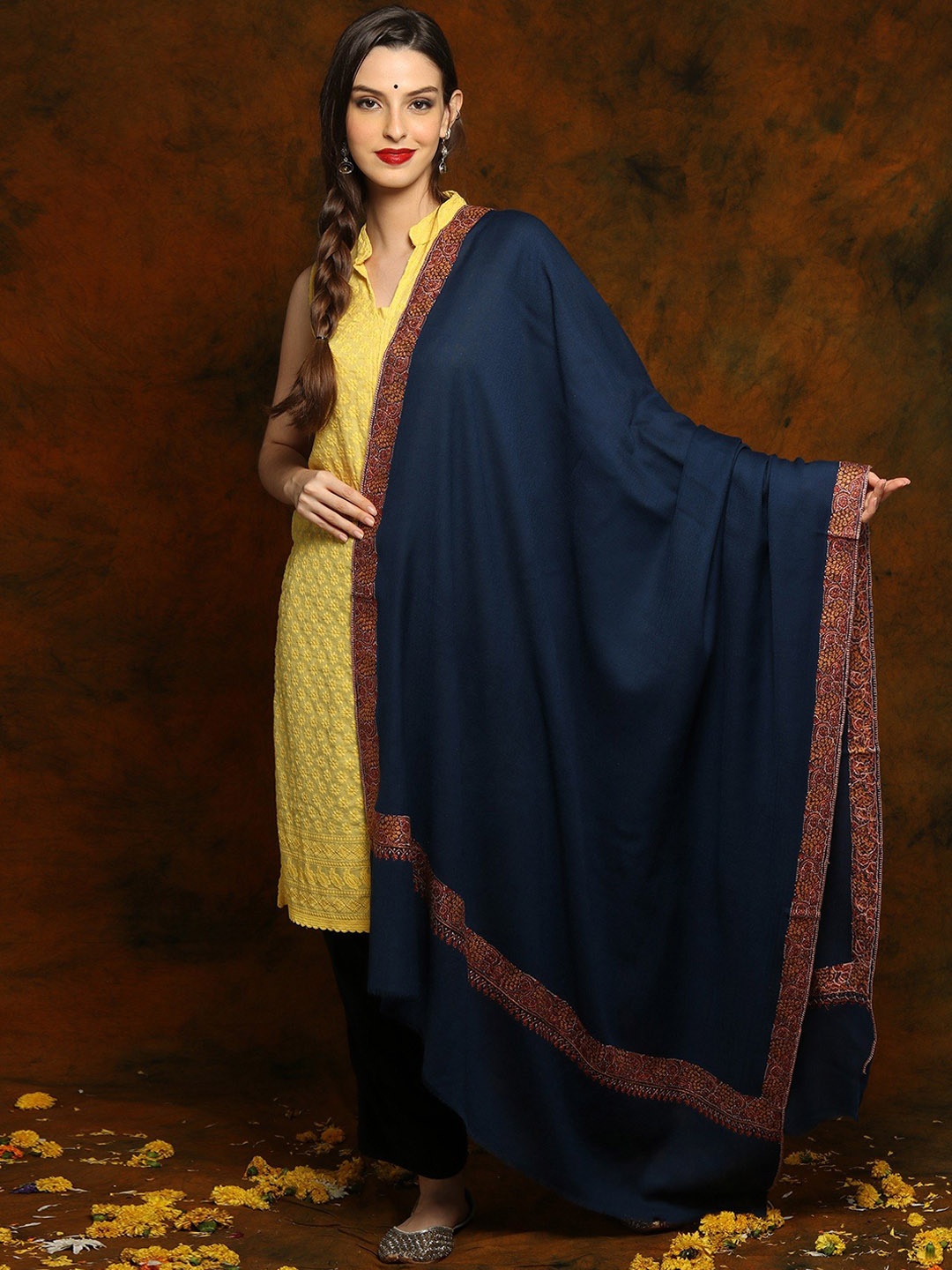 Exotic India Blue Fine Wool Shawl with Floral Embroidered Border, Navy blue