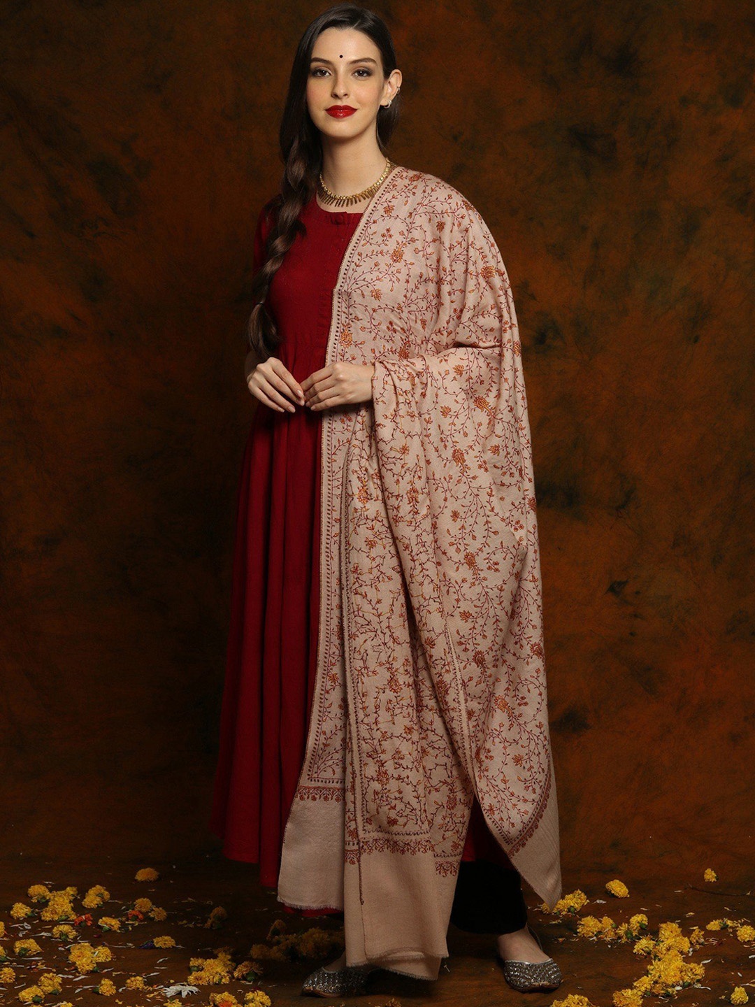 

Exotic India Floral Embroidered Woollen Shawl, Beige
