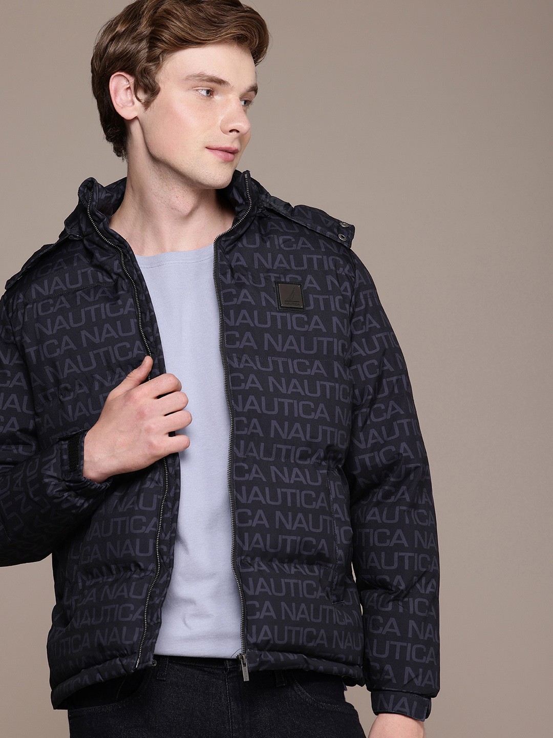 

Nautica Brand Logo Printed Hooded Padded Jacket, Navy blue