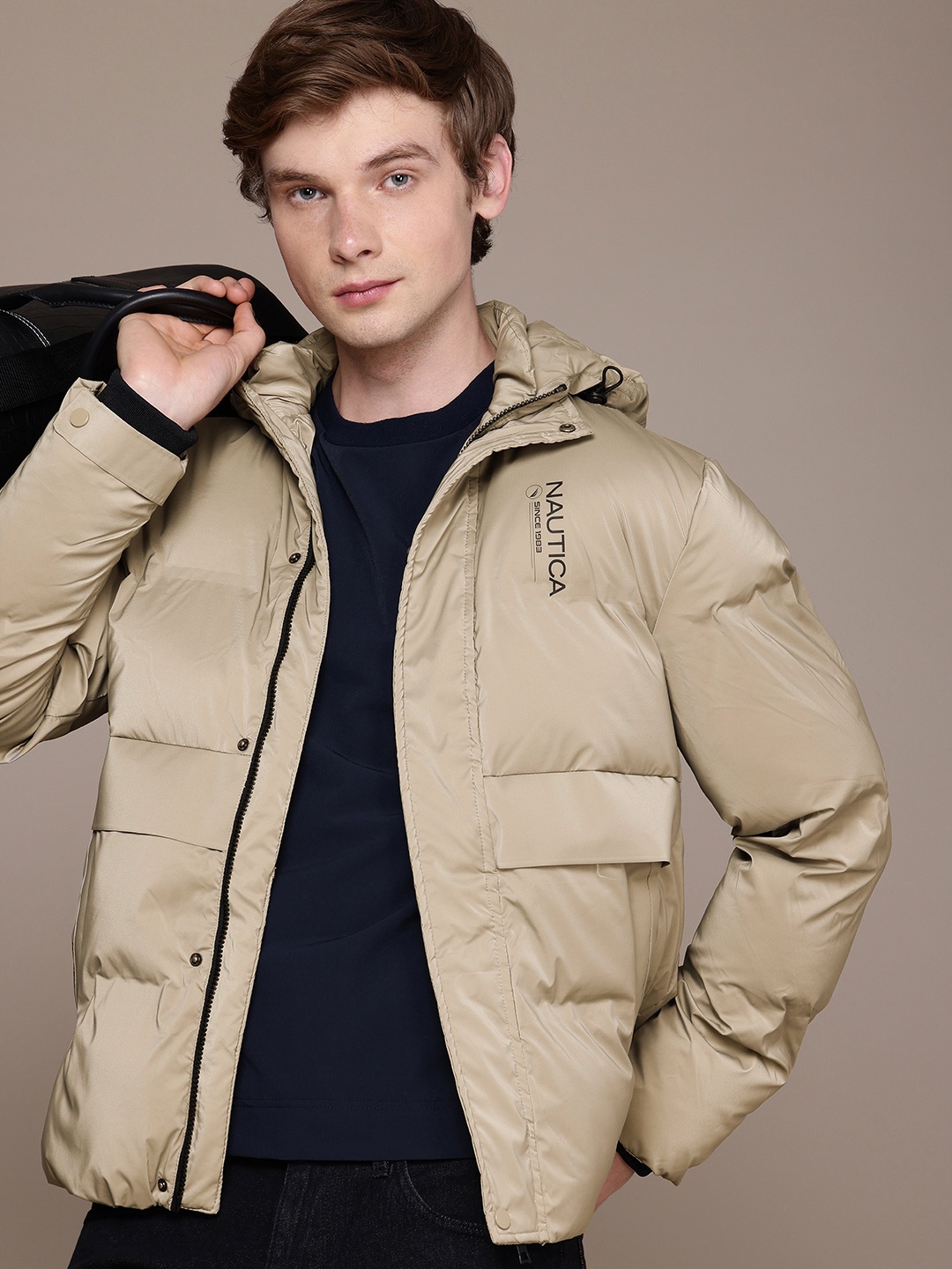 

Nautica Brand Logo Printed Hooded Puffer Jacket, Taupe