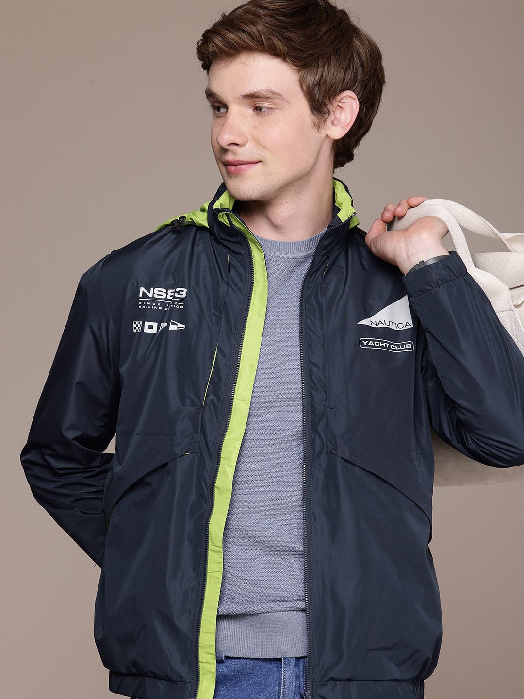 

Nautica Brand Logo Printed Hooded Bomber Jacket, Navy blue