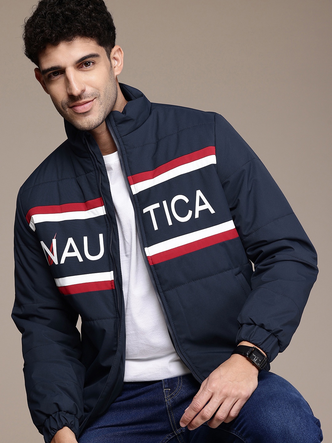 Nautica Brand Logo Printed Padded Jacket, Navy blue