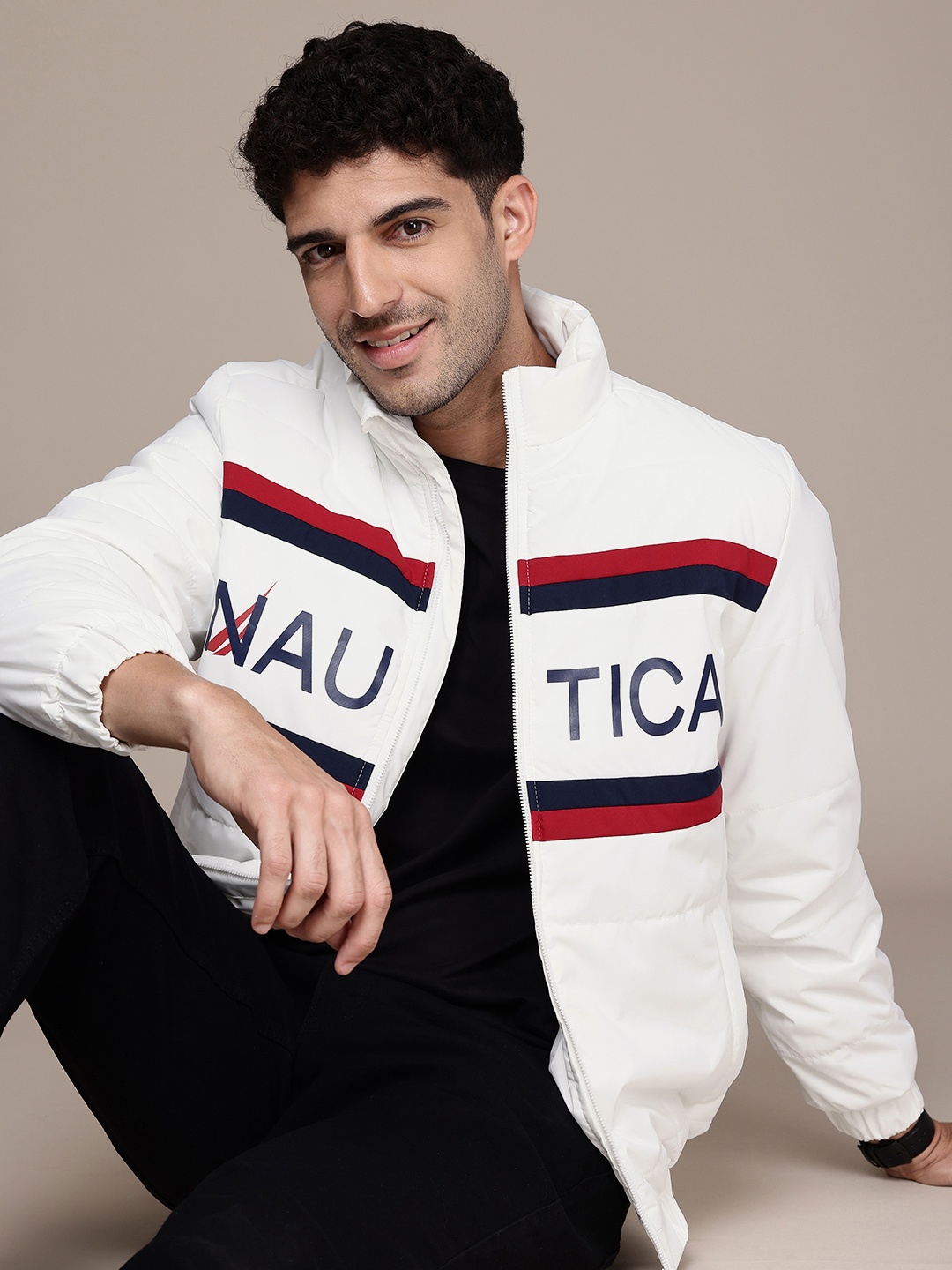 

Nautica Men Brand Logo Padded Bomber Jacket, White