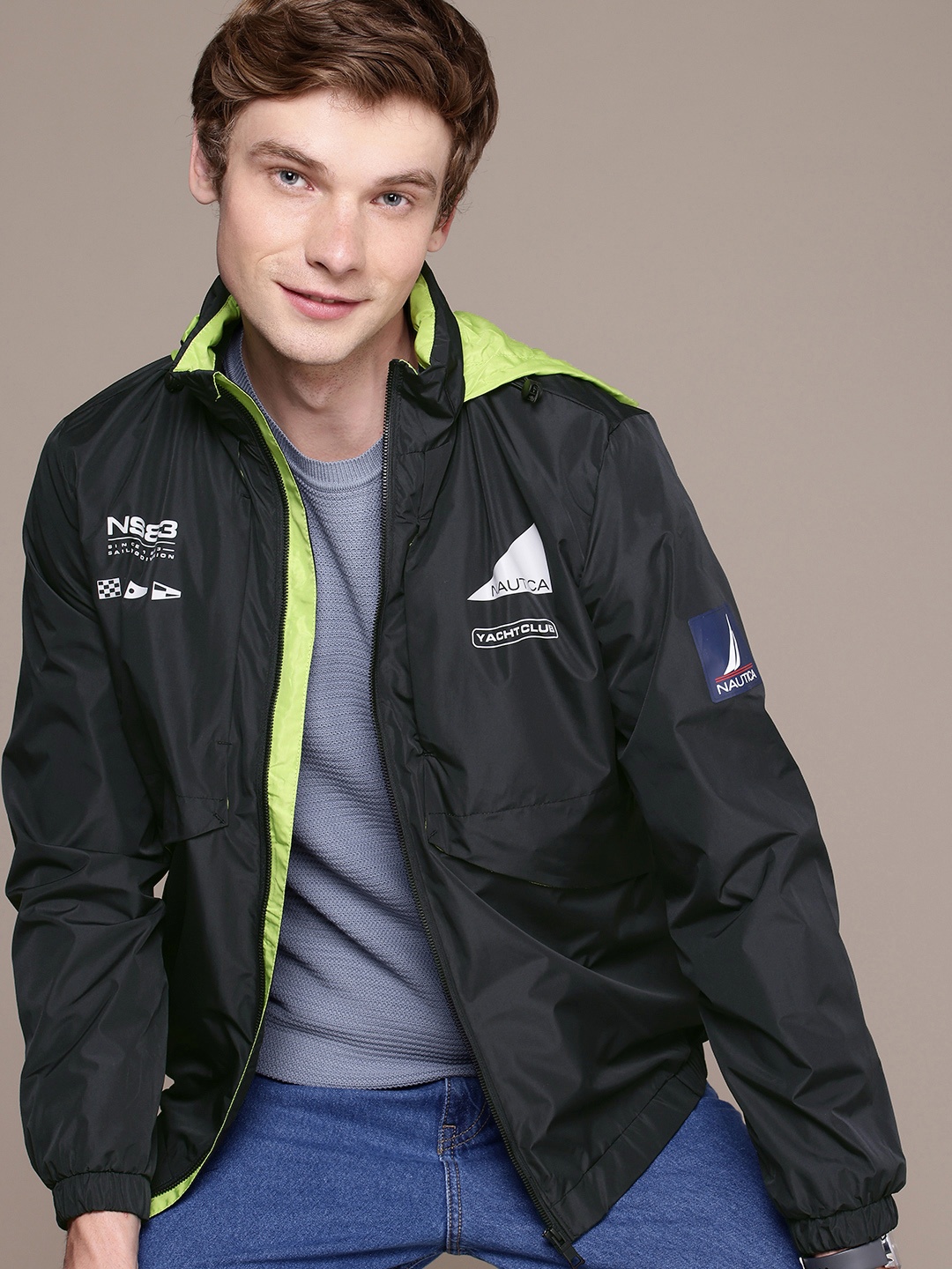 

Nautica Brand Logo Printed Hooded Bomber Jacket, Black