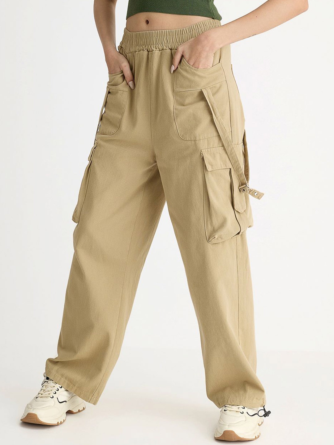 

FREAKINS Women Straight Fit High-Rise Pure Cotton Parachute Cargo Jeans, Beige