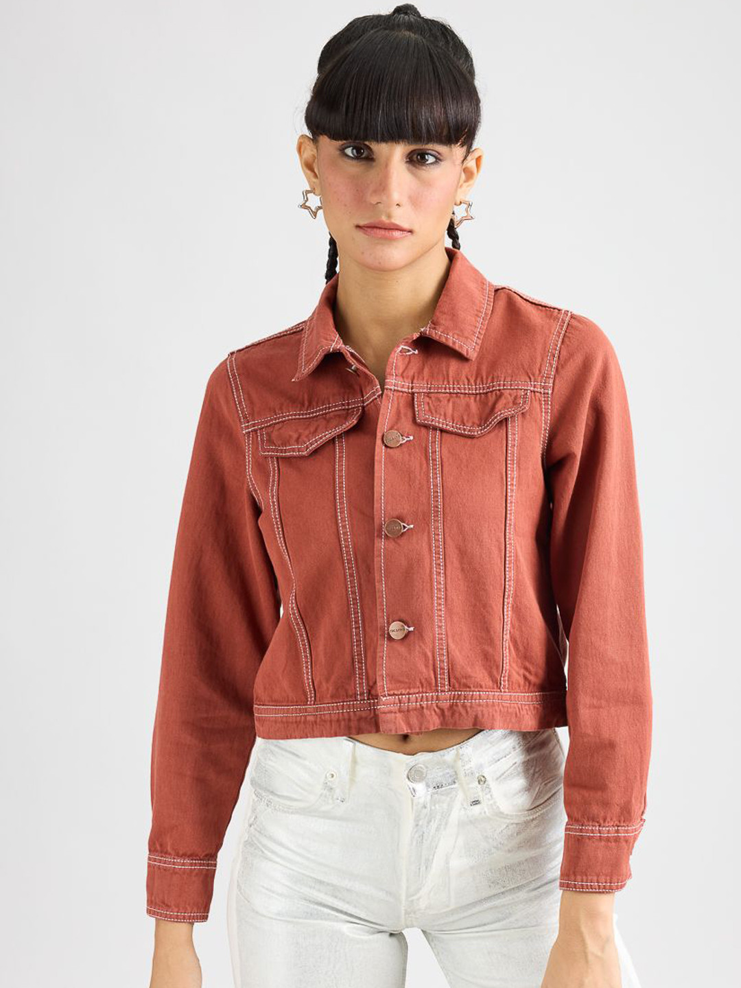 

FREAKINS Women No Crop Denim Jacket, Red