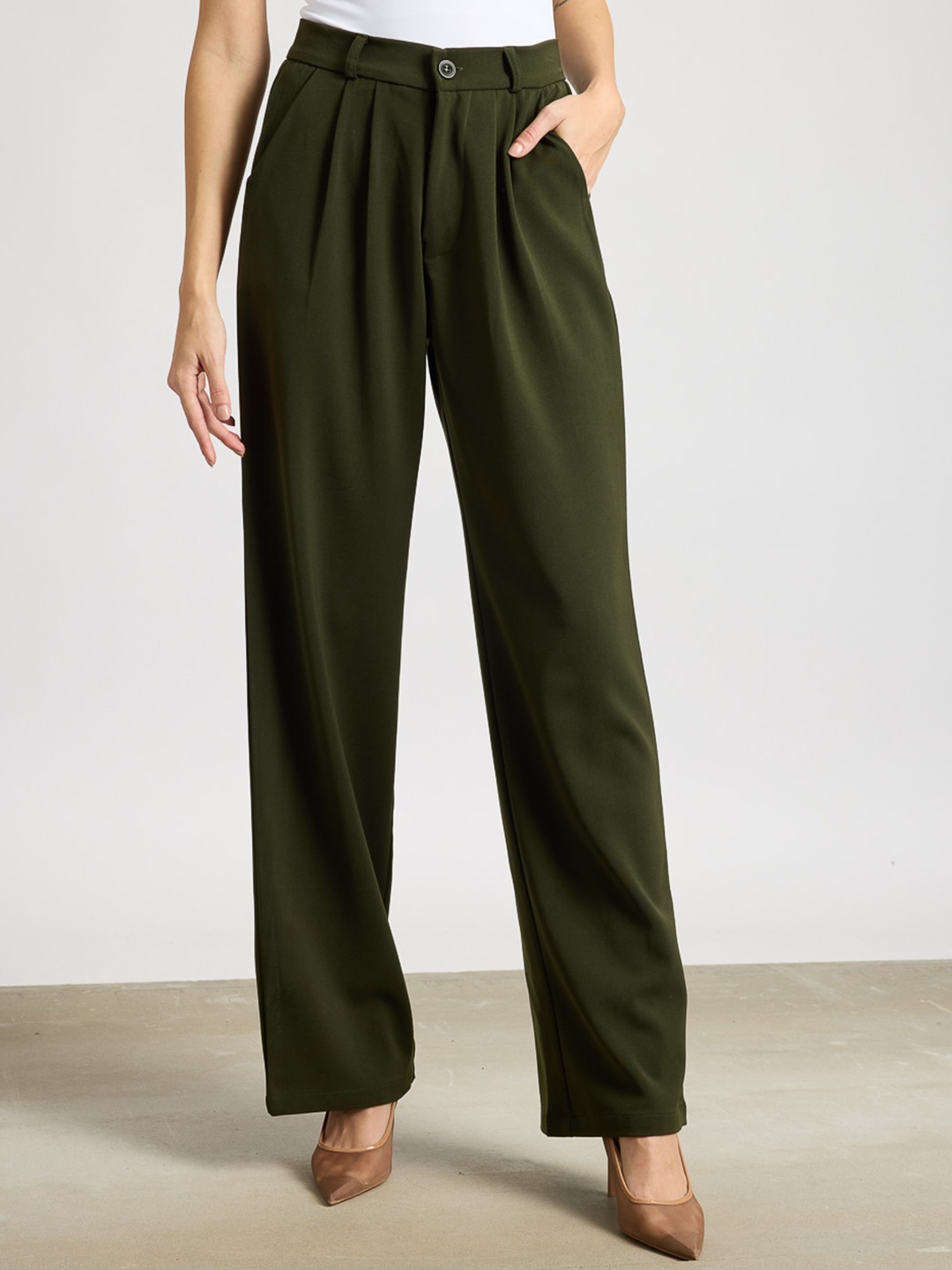 

FREAKINS Women Straight Fit High-Rise Pleated Front Parallel Trousers, Olive