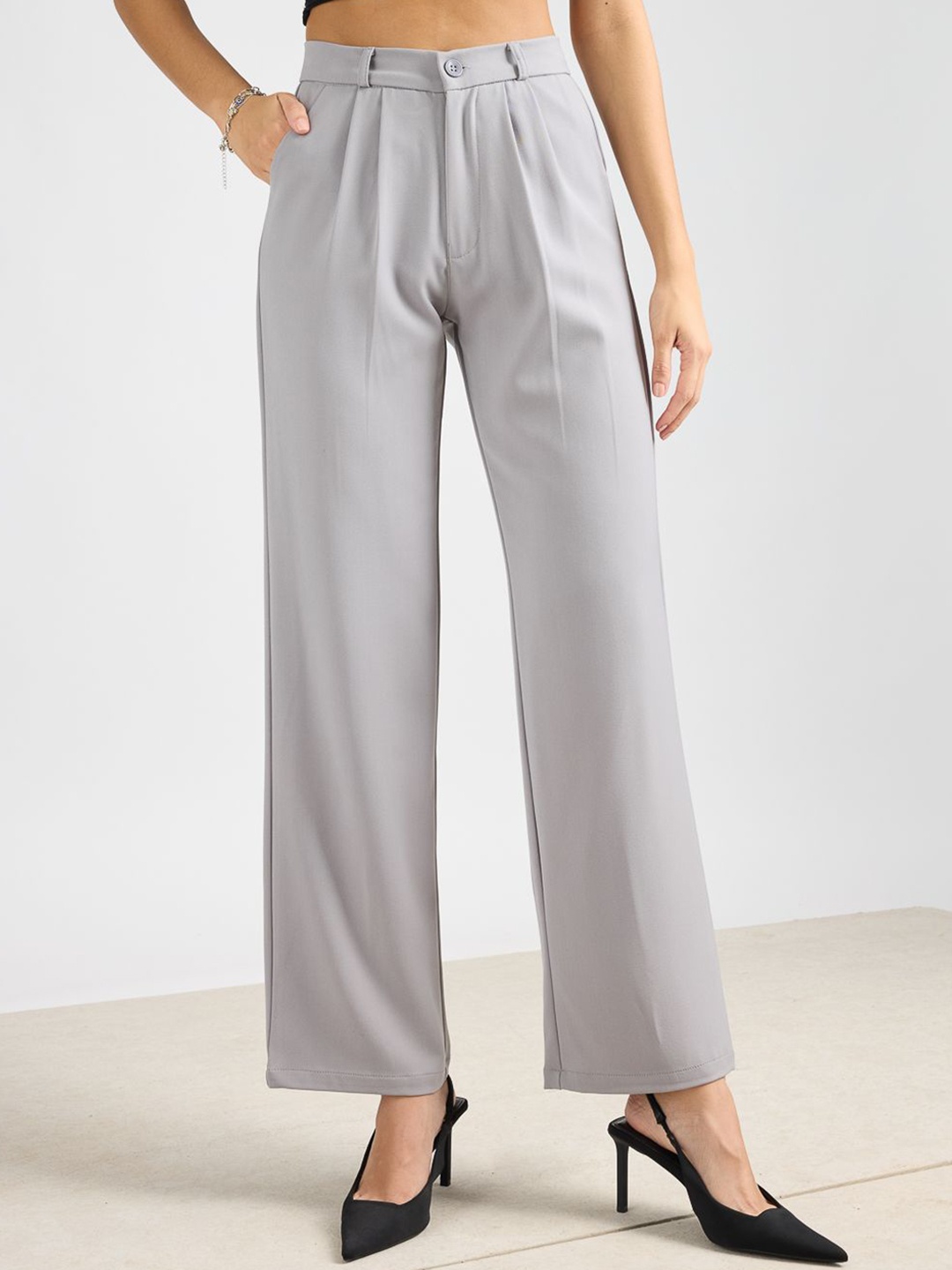 

FREAKINS Women Straight Fit High-Rise Pleated Parallel Trouser, Grey