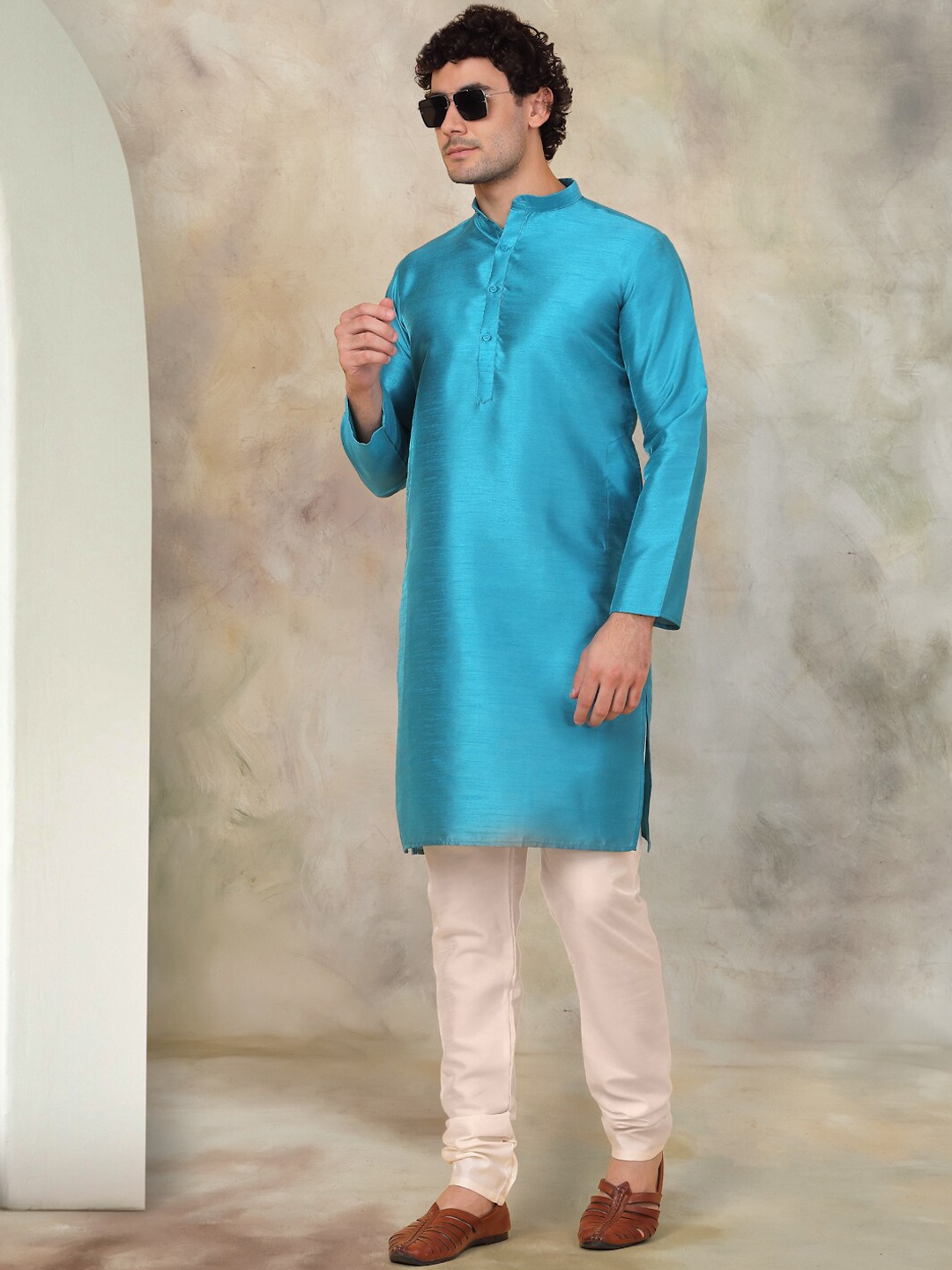 

Jompers Regular Dupion Silk Regular Straight Kurta with Churidar, Blue