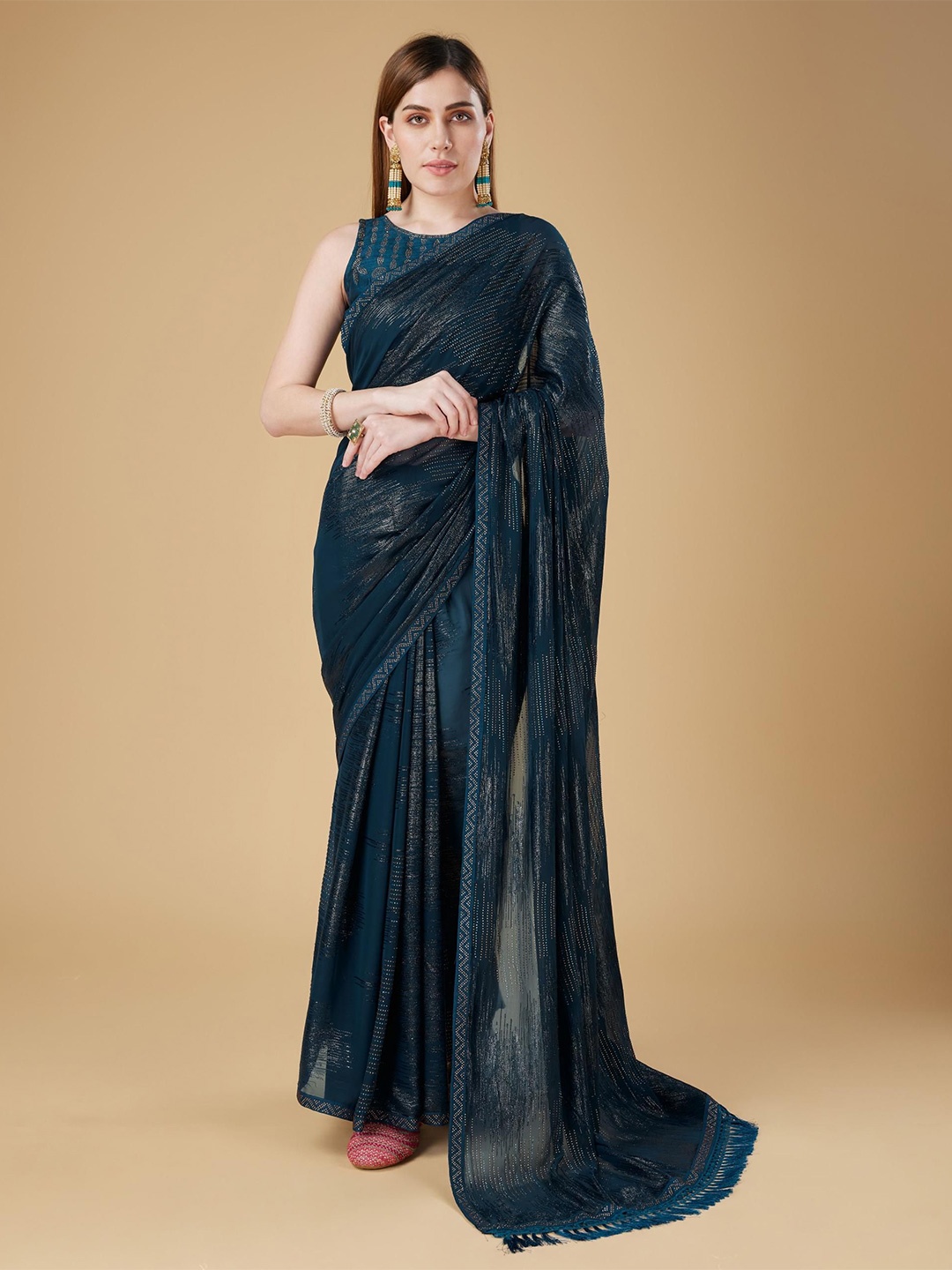 

Trendmalls Embellished Beads and Stones Satin Heavy Work Saree, Teal