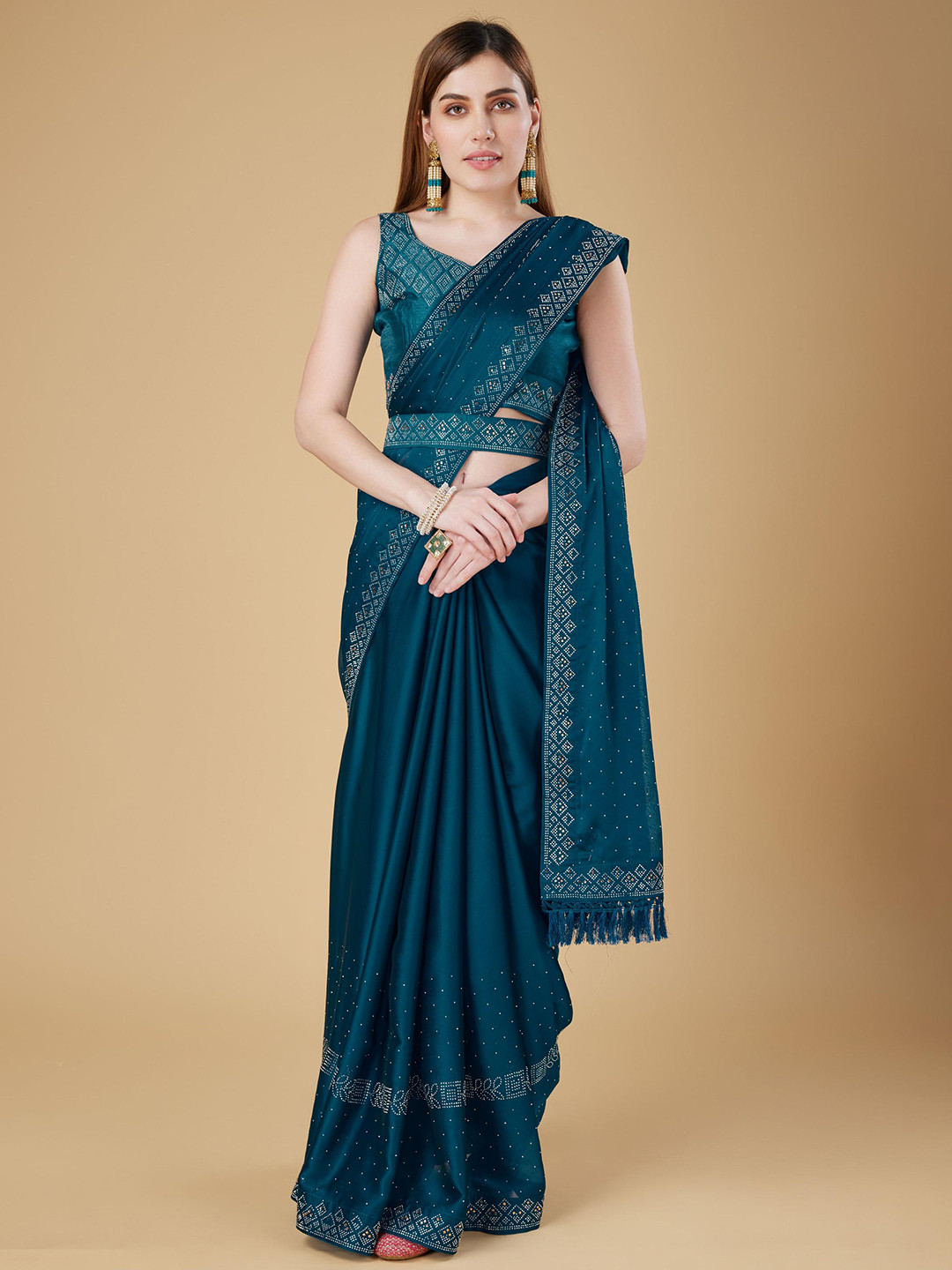 

Trendmalls Embellished Beads and Stones Satin Heavy Work Saree, Teal