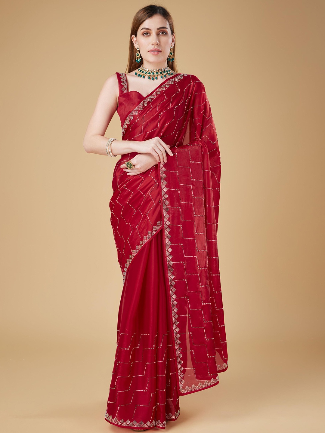 

Trendmalls Embellished Beads and Stones Satin Heavy Work Saree, Red