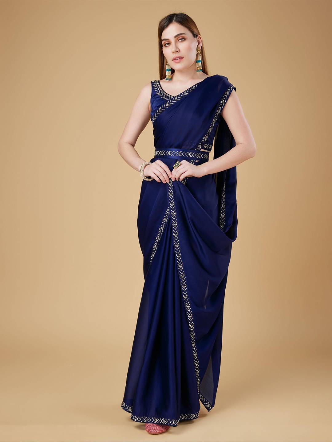 

Trendmalls Beads and Stones Satin Saree, Navy blue