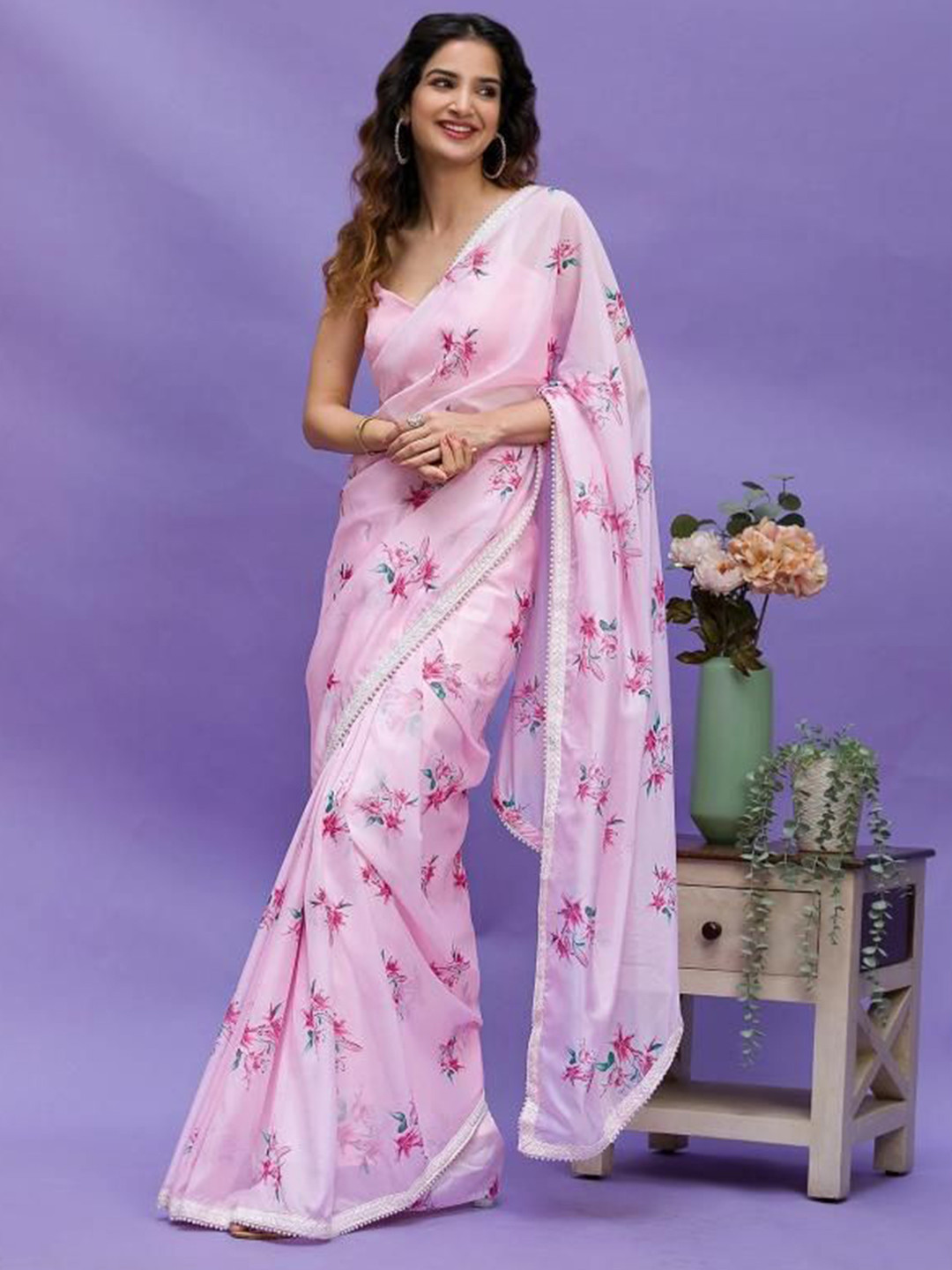 

Trendmalls Floral Beads and Stones Satin Heavy Work Saree, Pink