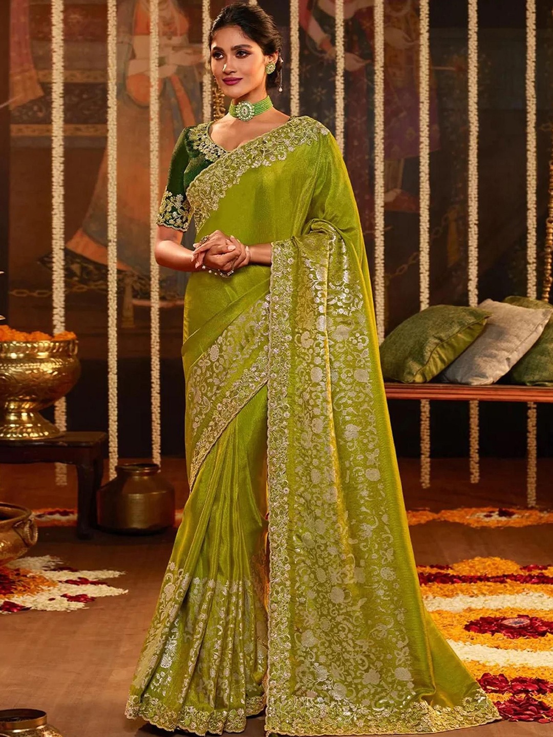 

Trendmalls Embellished Sequinned Pure Silk Heavy Work Saree, Green