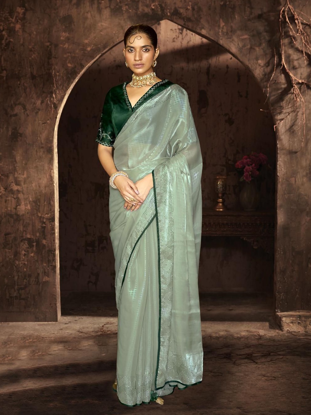 

Trendmalls Embellished Organza Heavy Work Saree, Green