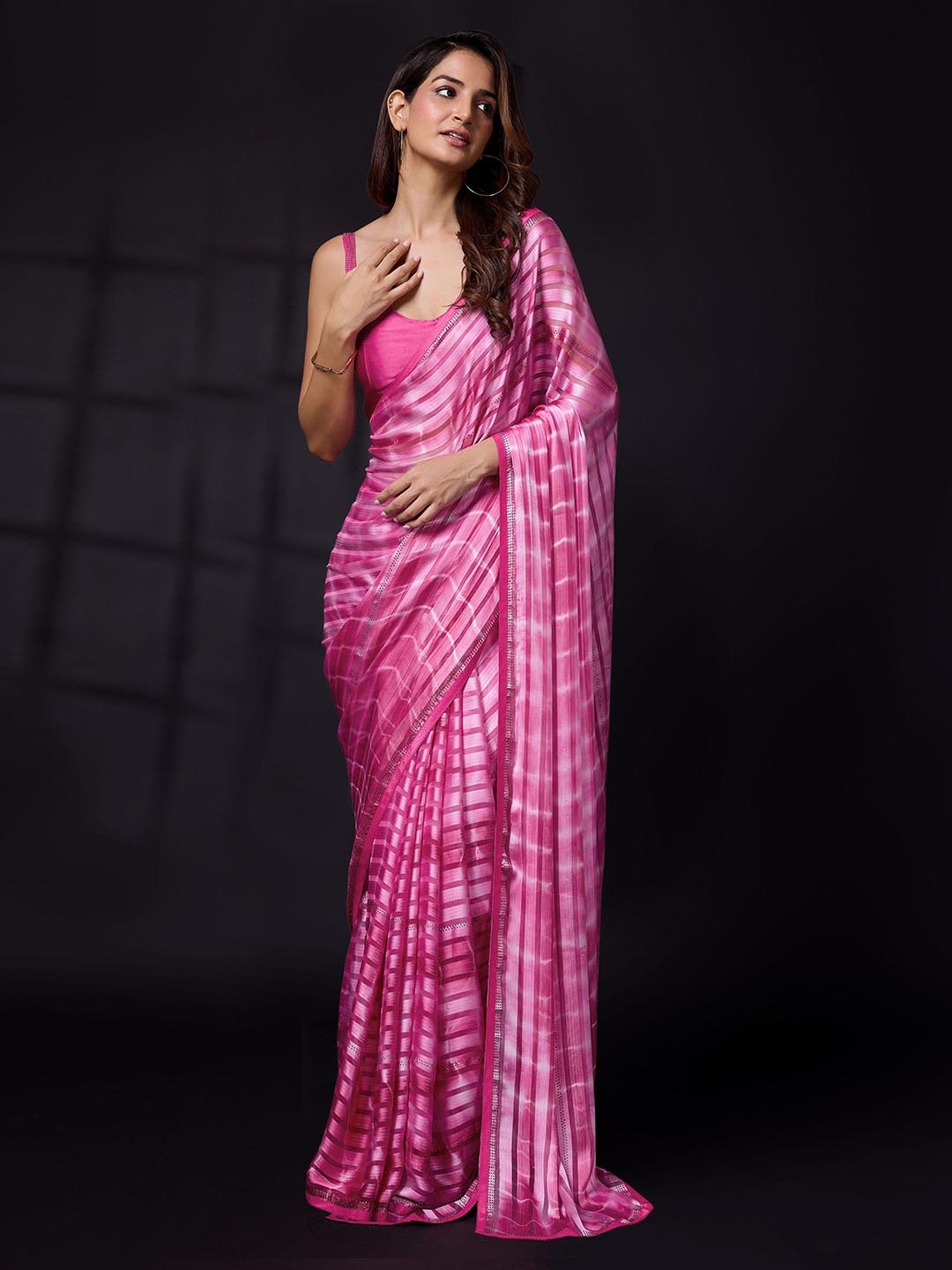 

Trendmalls Embellished Sequinned Satin Heavy Work Saree, Pink