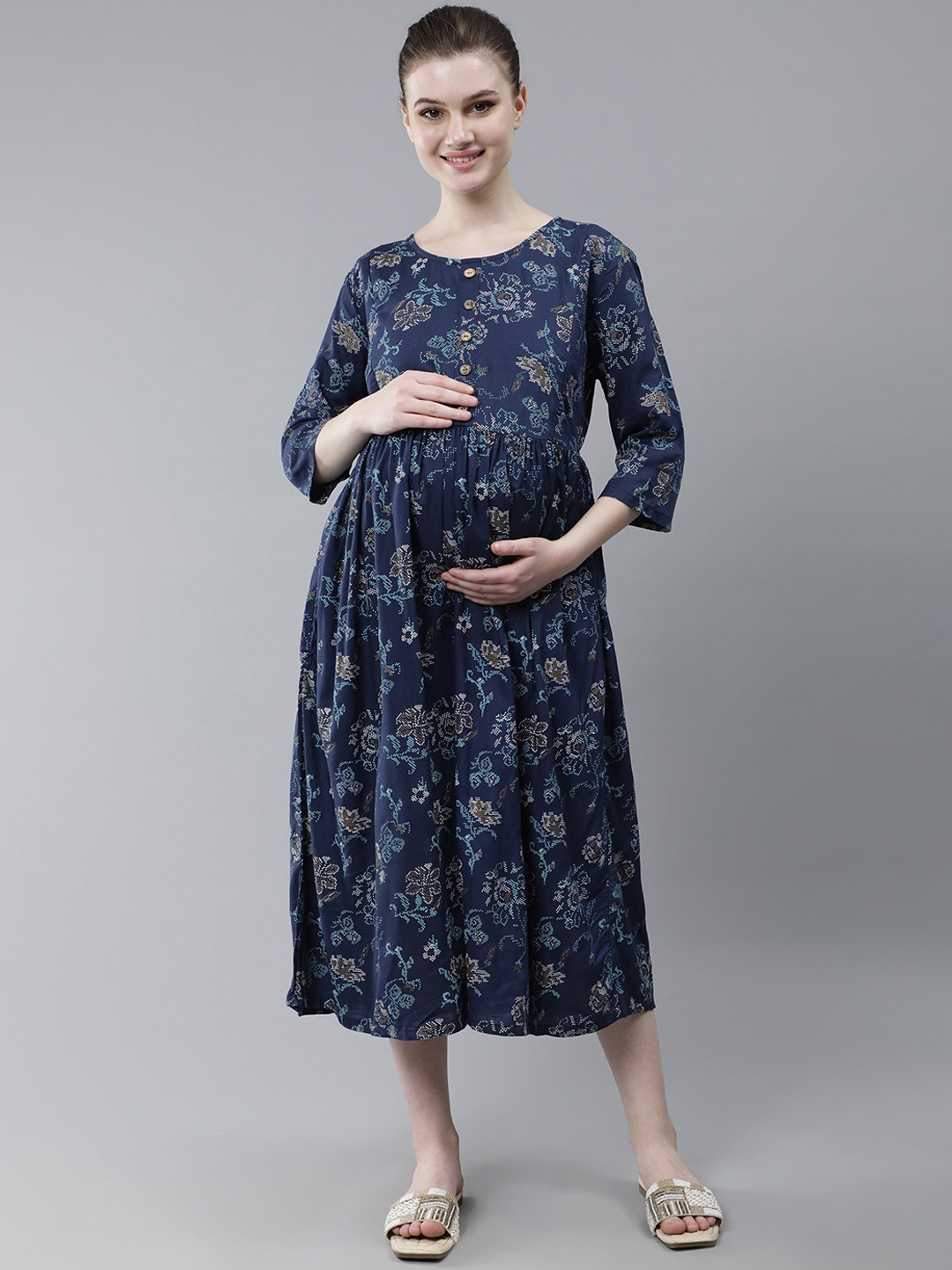 

Cot'N Soft Women Ethnic Motifs Dyed Indie Prints Dobby Handloom Maternity Kurta, Navy blue