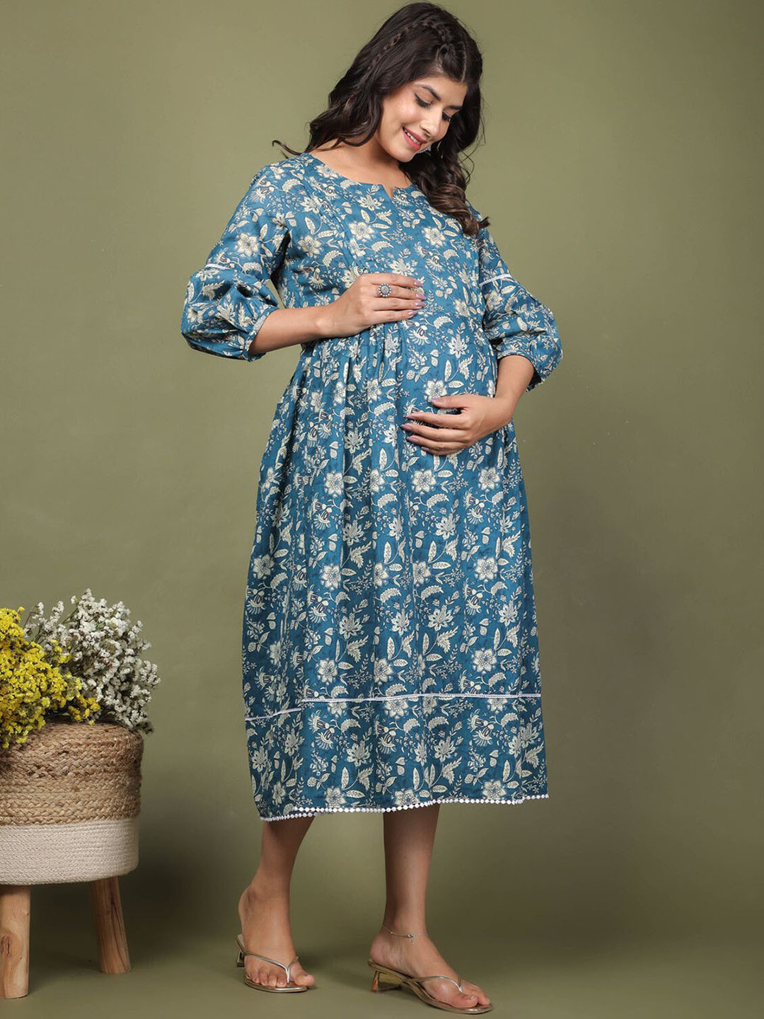 

LALI JAIPUR Floral Printed Keyhole Neck Thread Work Floral Maternity Dress, Blue