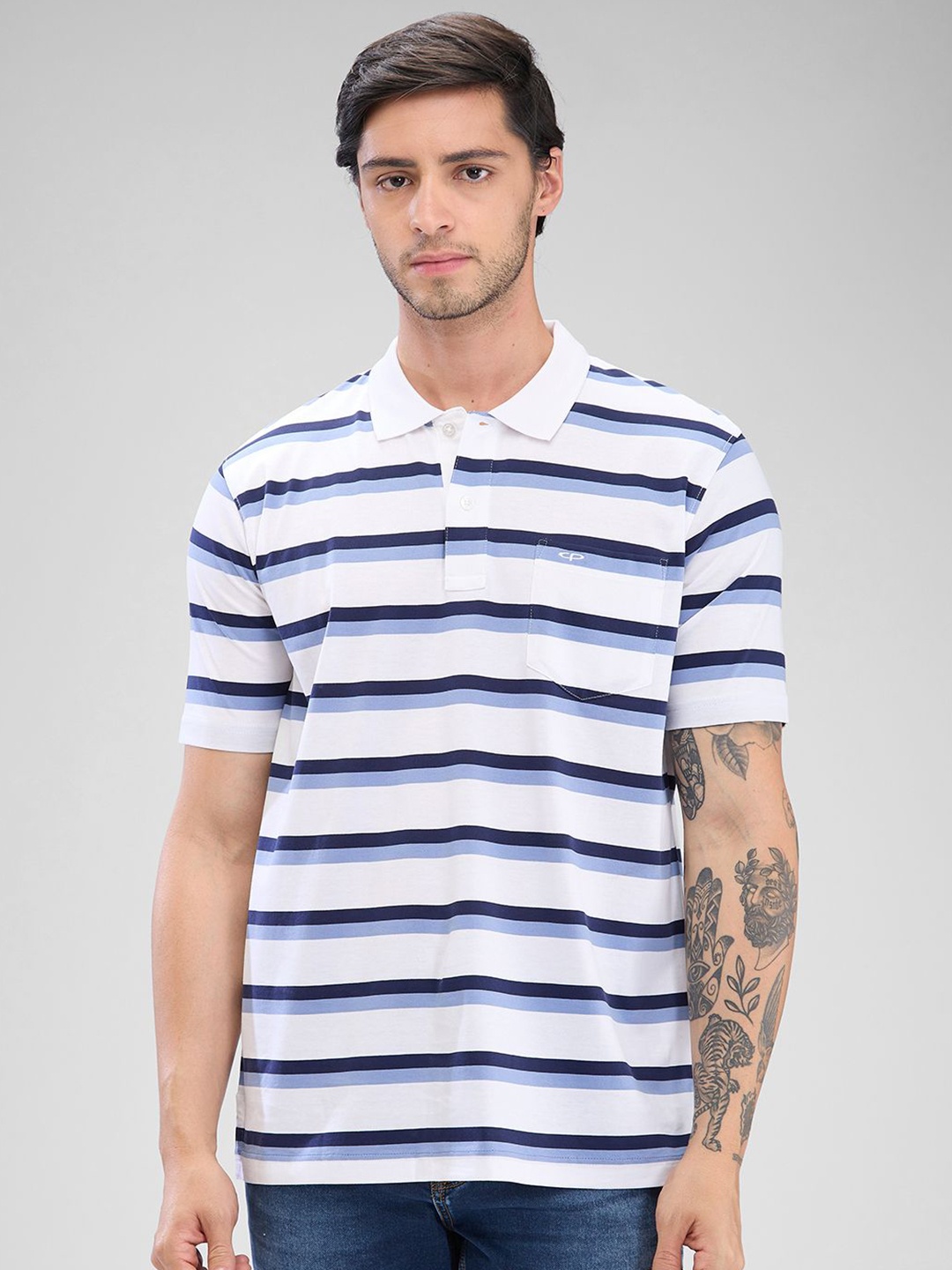 

ColorPlus Striped Polo Collar Cotton Relaxed Fit T-shirt, White
