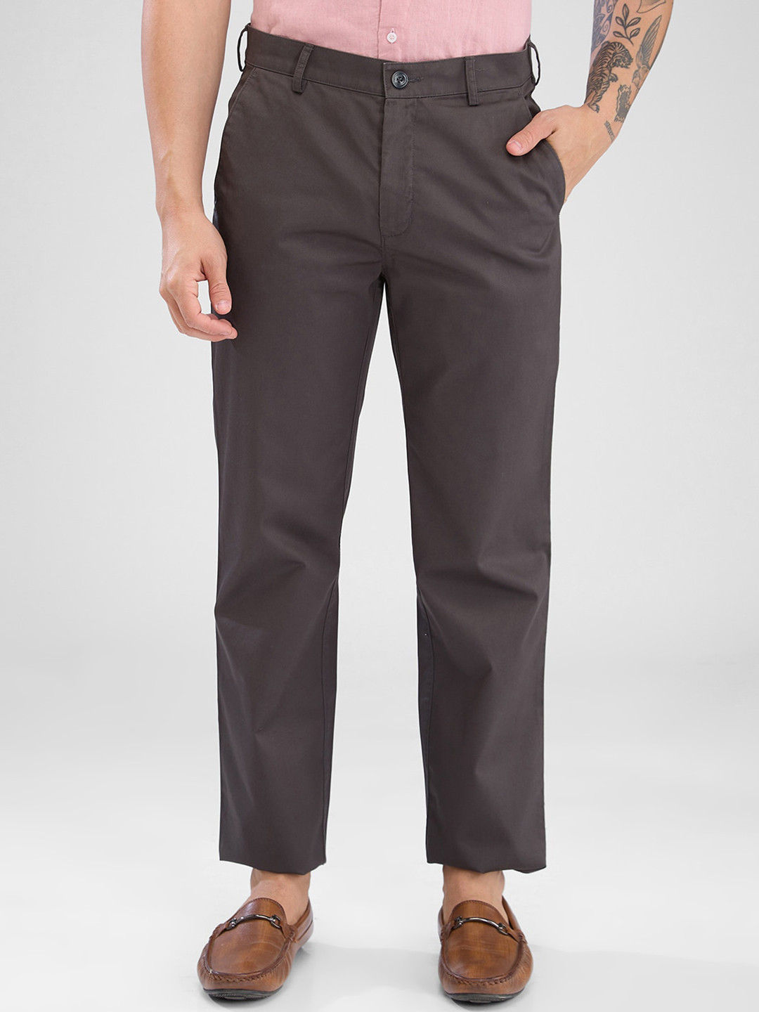 

ColorPlus Men Mid-Rise Cotton Regular Trousers, Grey