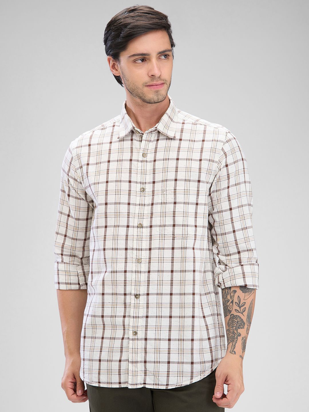 

ColorPlus Tartan Checks Spread Collar Cotton Regular Fit Casual Shirt, Beige