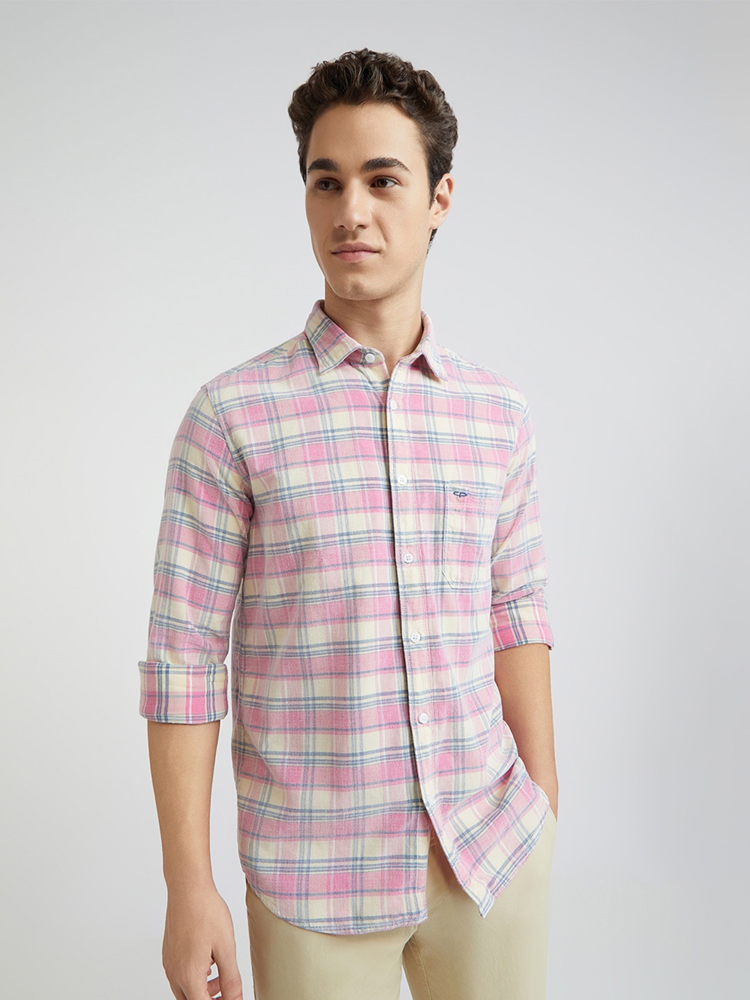 ColorPlus Tartan Checked Spread Collar Cotton Shirt, Red
