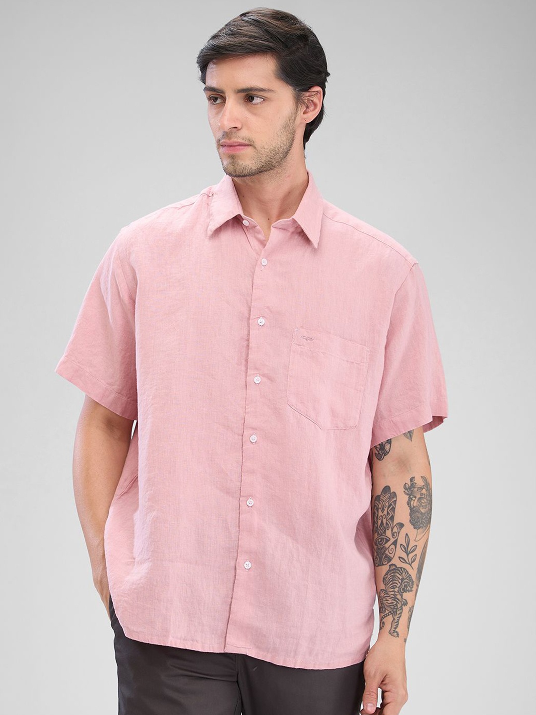 

ColorPlus Comfort Spread Collar Short Sleeves Linen Relaxed Fit Casual Shirt, Red