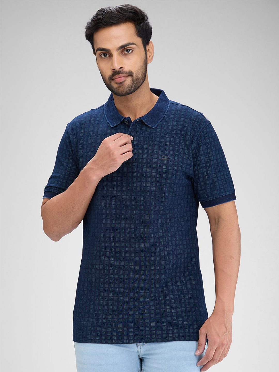 

ColorPlus Geometric Printed Polo Collar Cotton T-shirt, Blue