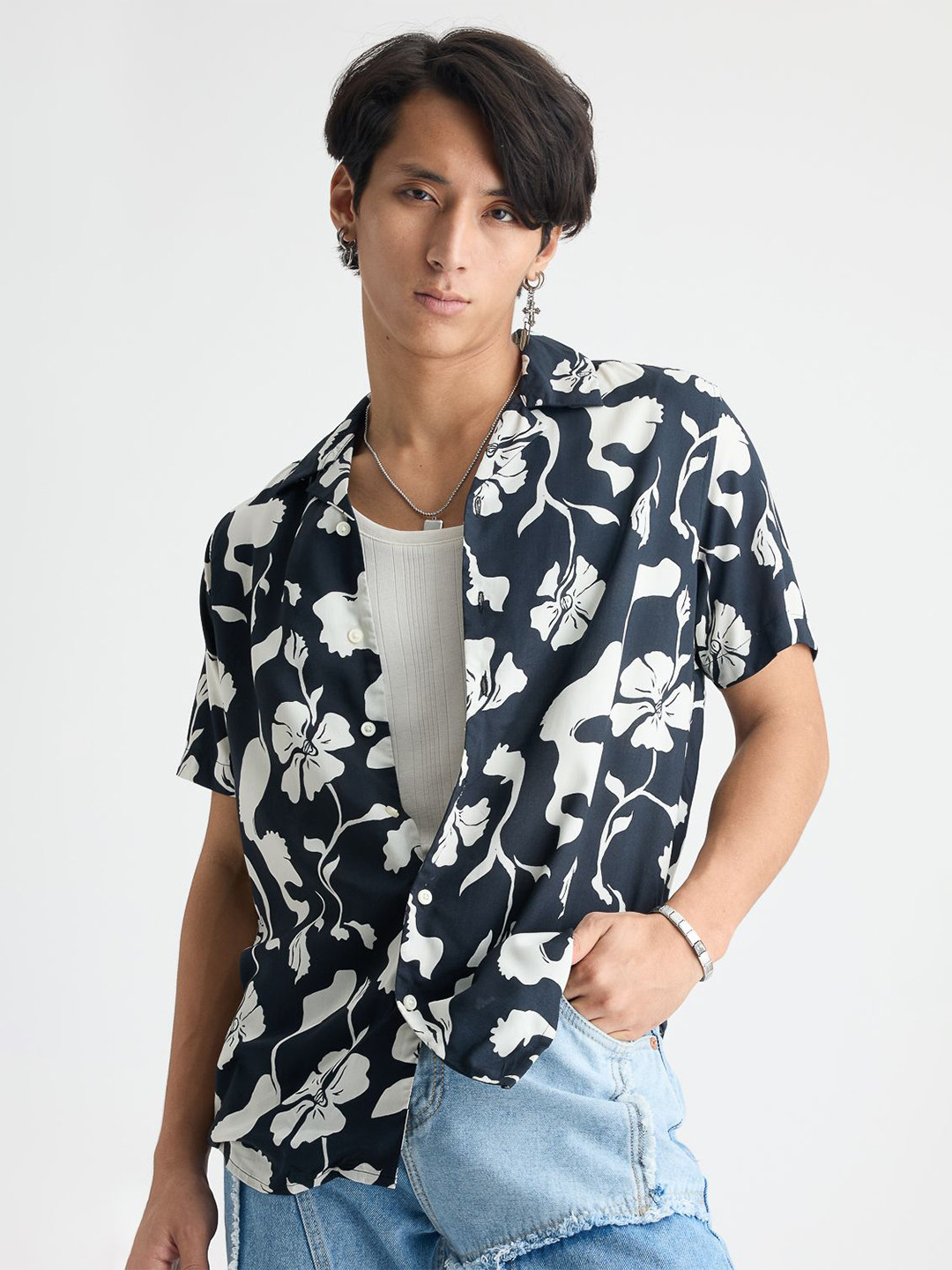 

FREAKINS Floral Printed Cuban Collar Pure Cotton Casual Shirt, Black