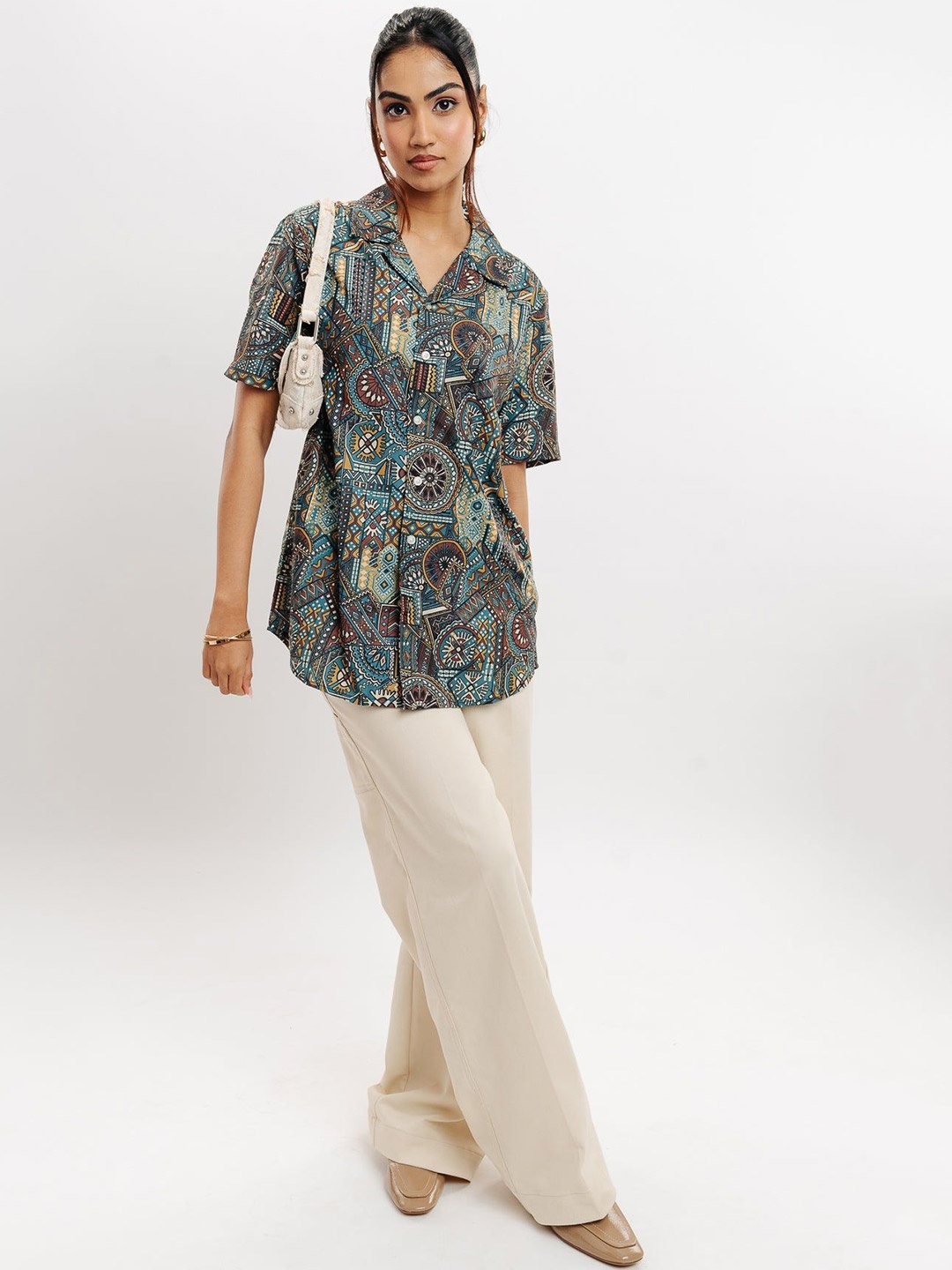 

FREAKINS Ethnic Motifs Printed Cuban Collar Casual Shirt, Green