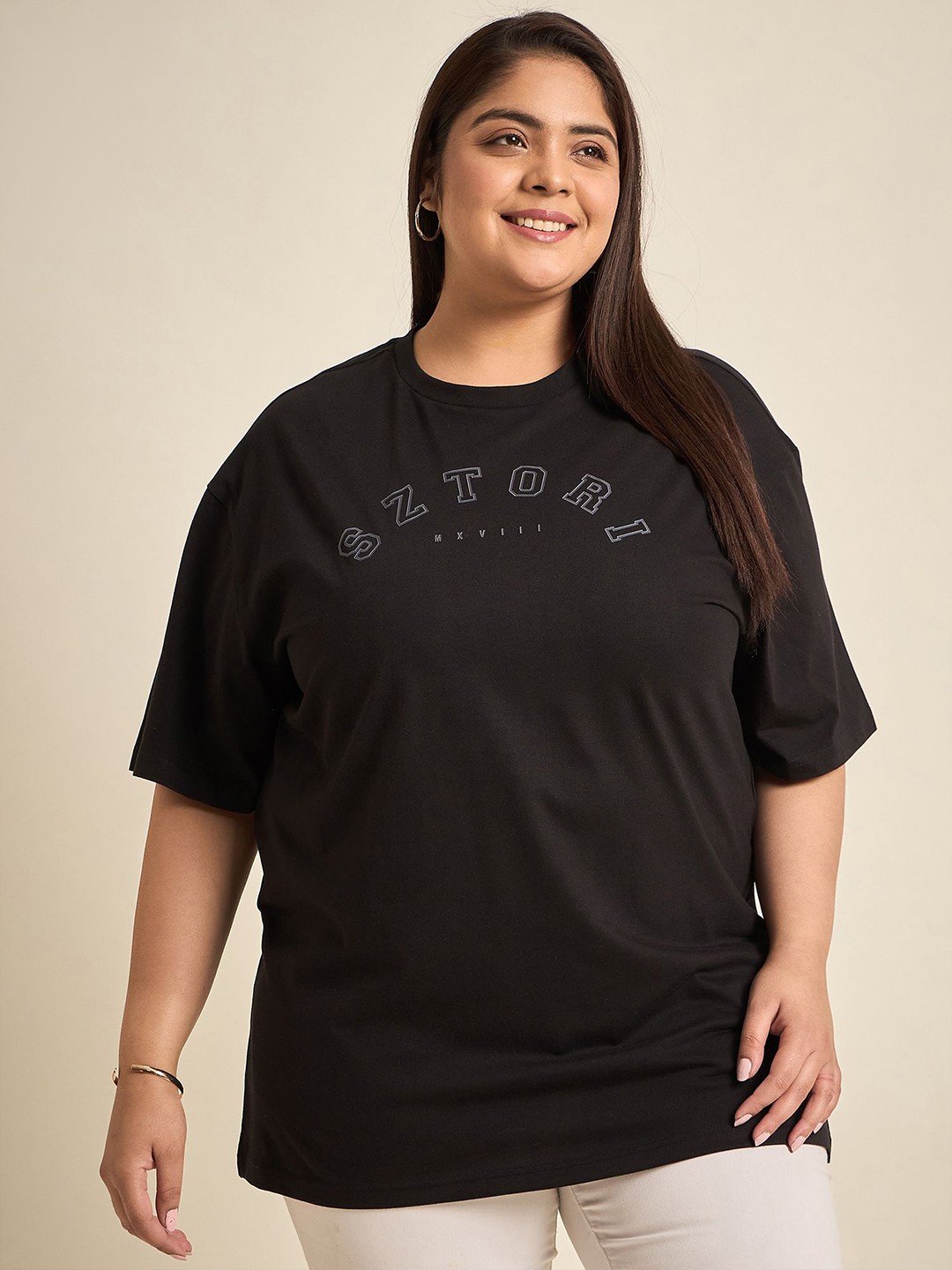

Sztori Plus Size Typography Printed Round Neck Relaxed Fit T-shirt, Black
