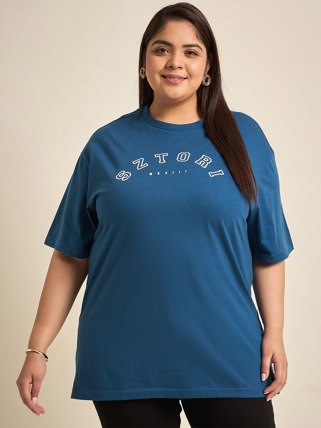 

Sztori Round Neck Drop-Shoulder Sleeves Typography Printed Cotton Plus Size T-shirt, Blue