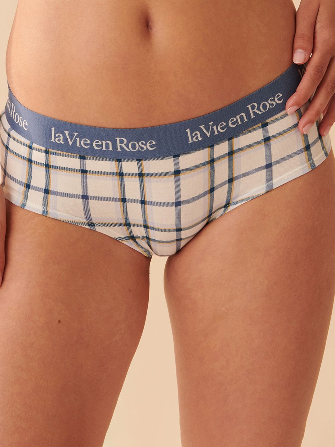 

La Vie en Rose Checked Mid-Rise Logo Elastic Band Hipster Briefs, White