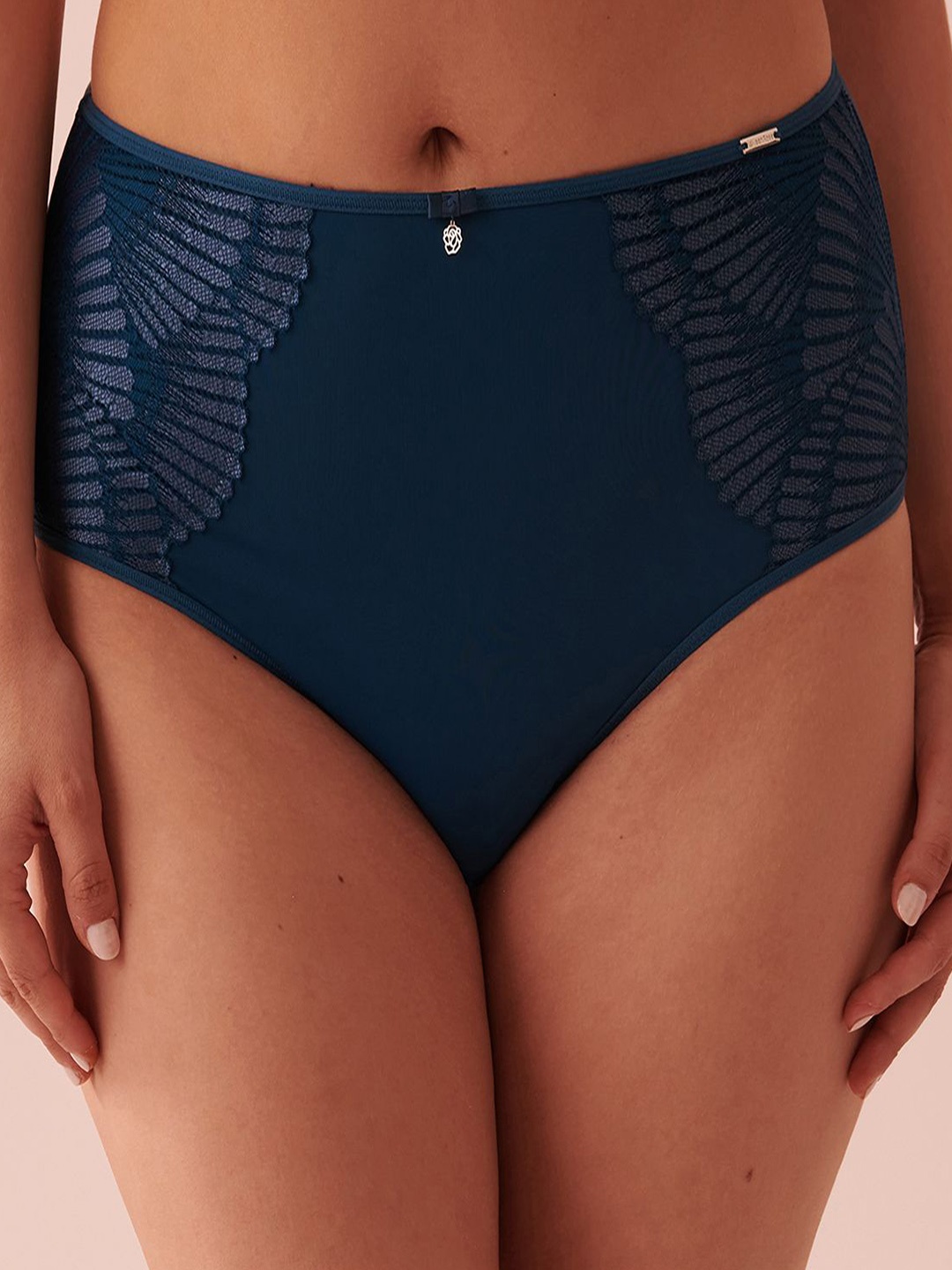 

La Vie en Rose Microfiber & Lace Sleek Back High Waist Bikini Briefs, Blue