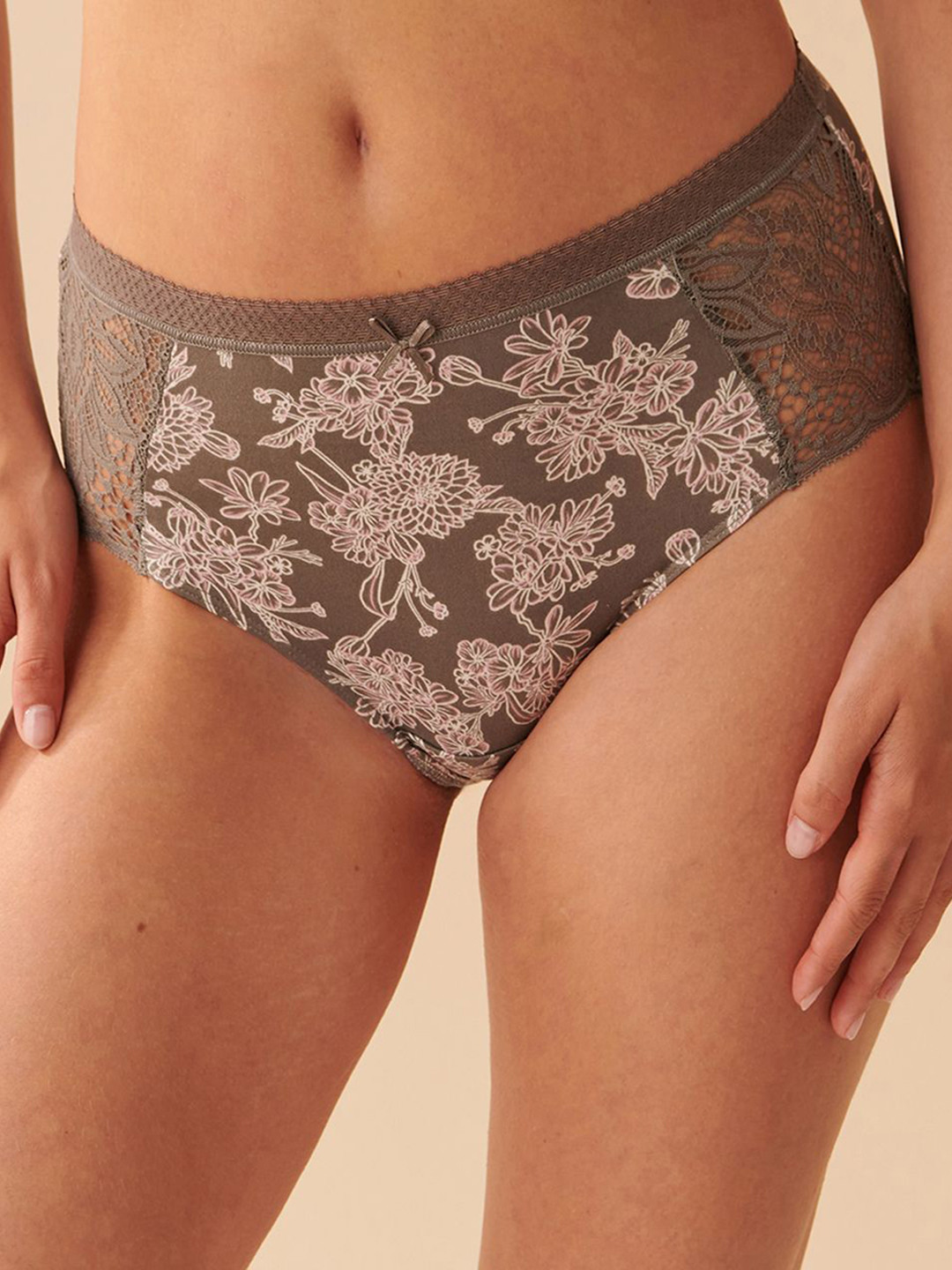 

La Vie en Rose Floral Printed High-Rise Lace Bikini Briefs, Grey