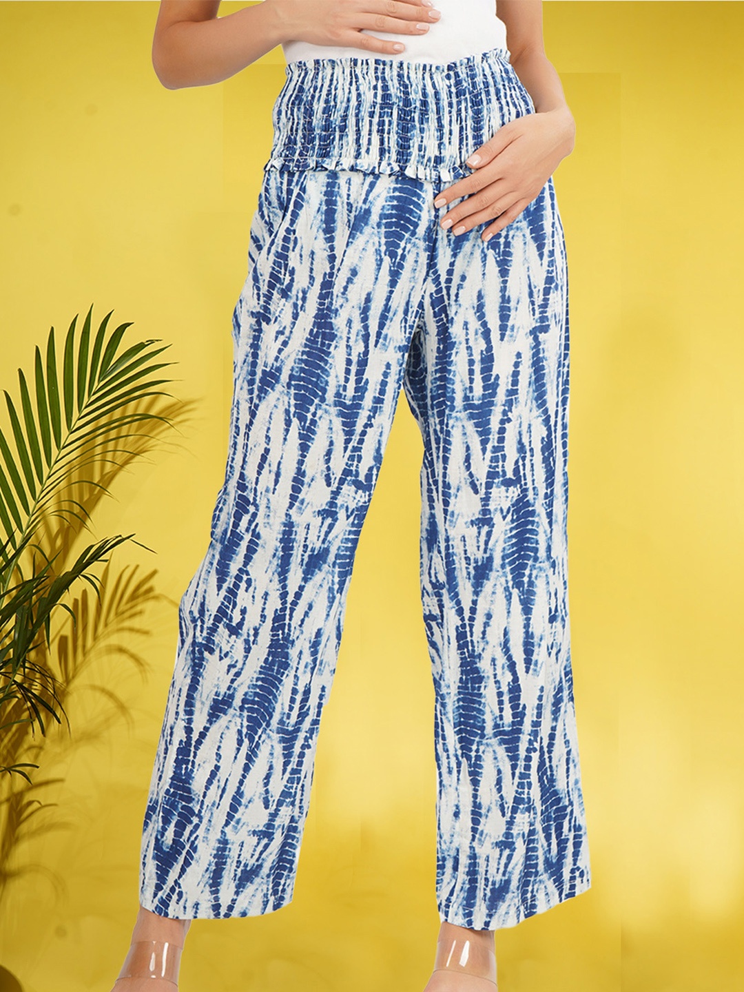 

angloindu URDE Women Relaxed Tie and Dye Smocked Pure Cotton Maternity Trousers, Blue