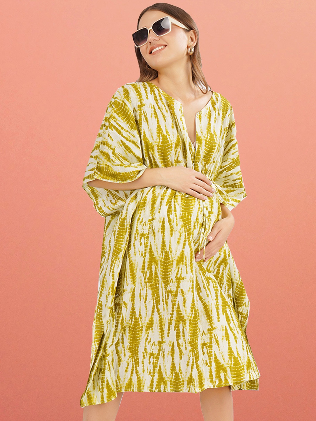 

angloindu Tie and Dye Print Maternity Kaftan Dress, Olive