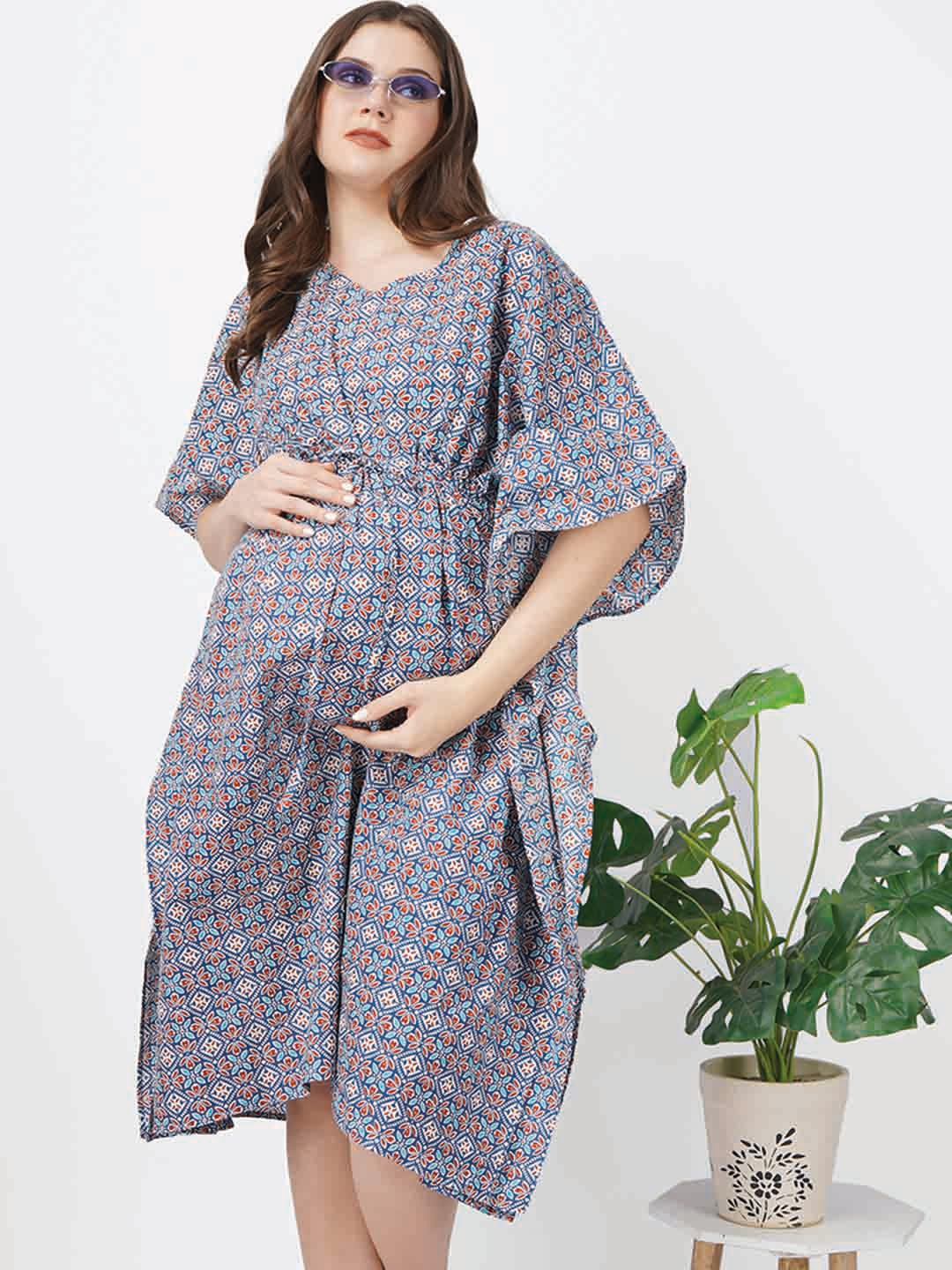 

angloindu Floral Print Cotton Maternity Kaftan Midi Dress, Blue
