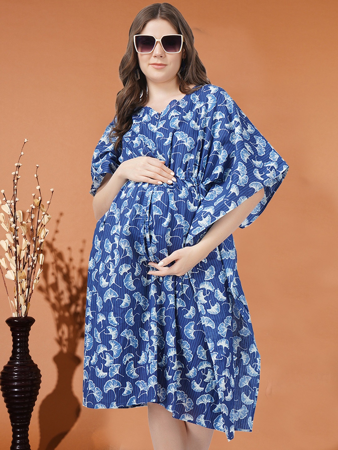 

angloindu Floral Printed Pure Cotton Maternity Kaftan Dress, Blue