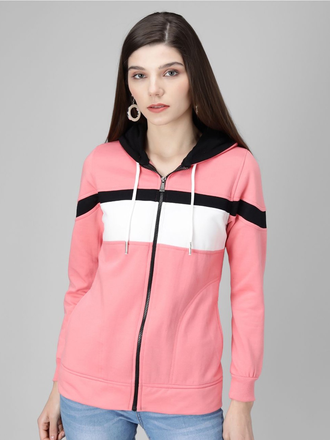 

TANDUL Colourblocked Hooded Front-Open Sweatshirt, Pink