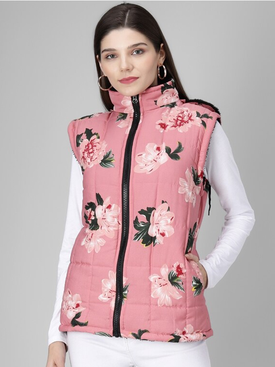 

TANDUL Floral Printed Sleeveless Hooded Front-Open Sweatshirt, Pink