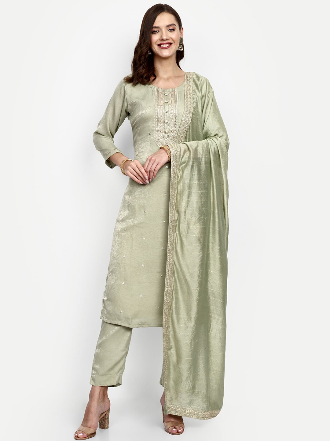 

V B SONS Ethnic Motifs Embroidered Regular Sequinned Velvet Kurta with Trousers & Dupatta, Green