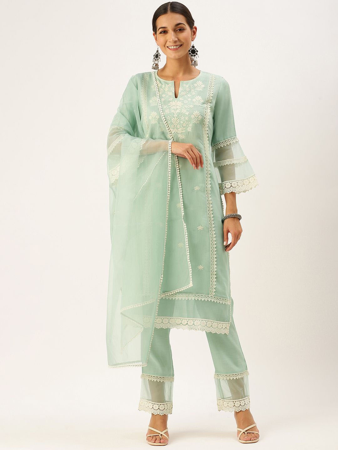 

all about you Floral Embroidered Thread Work Straight Kurta with Trousers & With Dupatta, Sea green