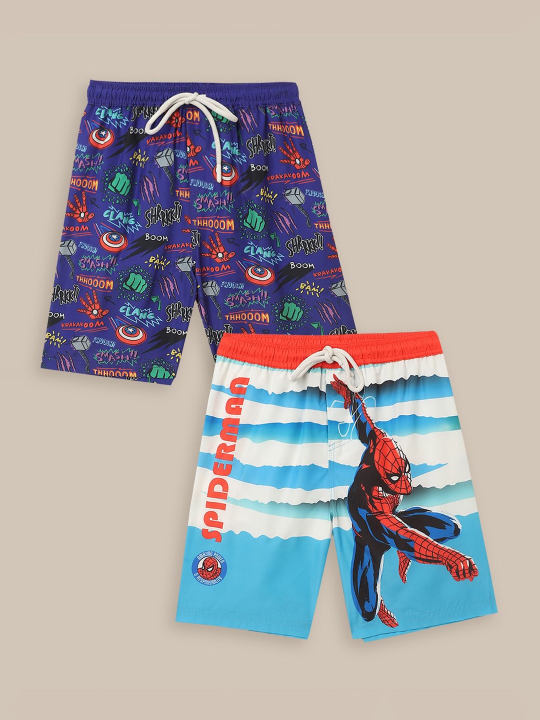 

Kids Ville Boys Pack of 2 Avengers Printed Mid-Rise Shorts, Blue