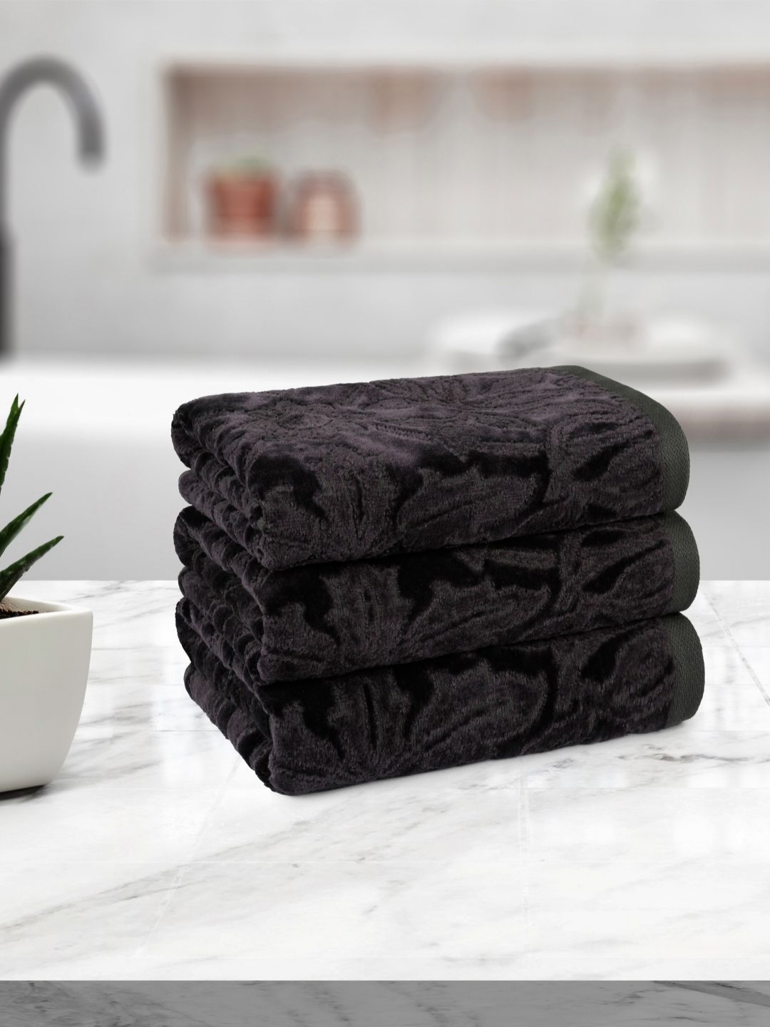 

MYTRIDENT Charcoal Grey 3 Pieces Textured Pure Cotton 450 GSM Hand Towels