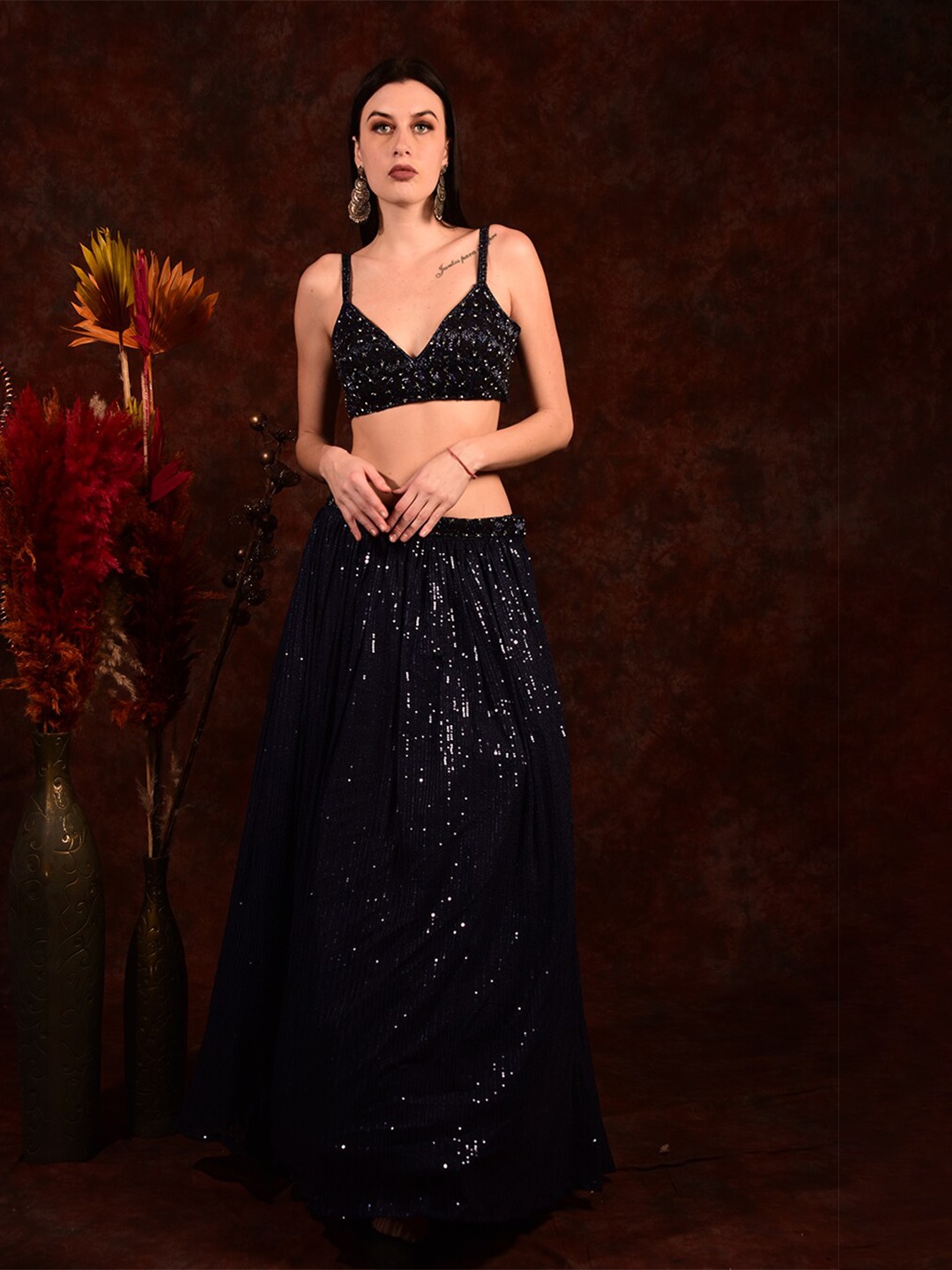 

Laalzari Embellished Sequinned Ready to Wear Lehenga & Blouse With Dupatta, Navy blue