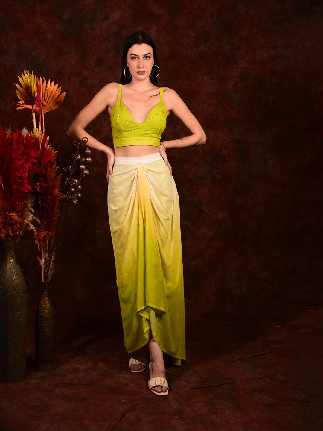 

Laalzari Embellished Sequinned Pleated V-Neck Ready to Wear Lehenga Choli, Green